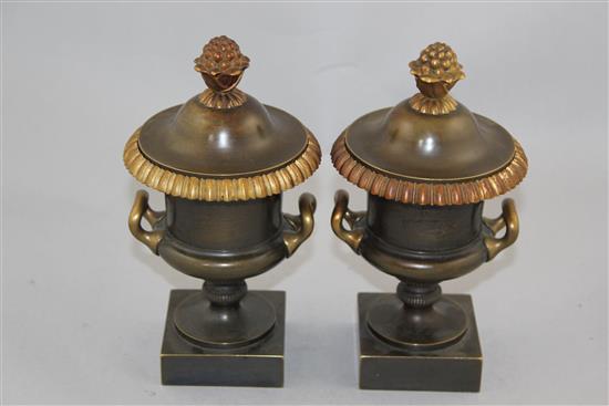 A pair of early 20th century French bronze cassolettes, 8in.